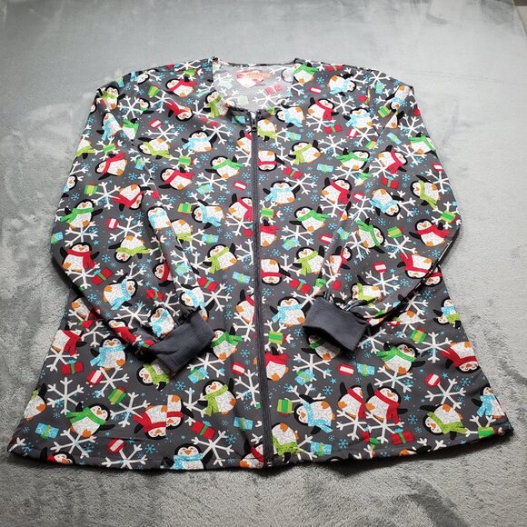 Elite Med Performance Scrub Jacket Penguins Presents and Snowflakes Wmn Sz 2XL - Picture 1 of 11